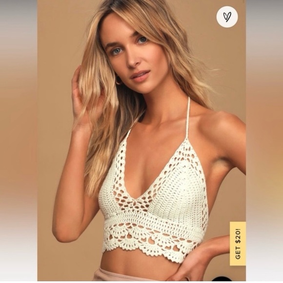 Lulu's Let's Run Away Ivory Crochet Halter Crop Top - M/L - Picture 4 of 9